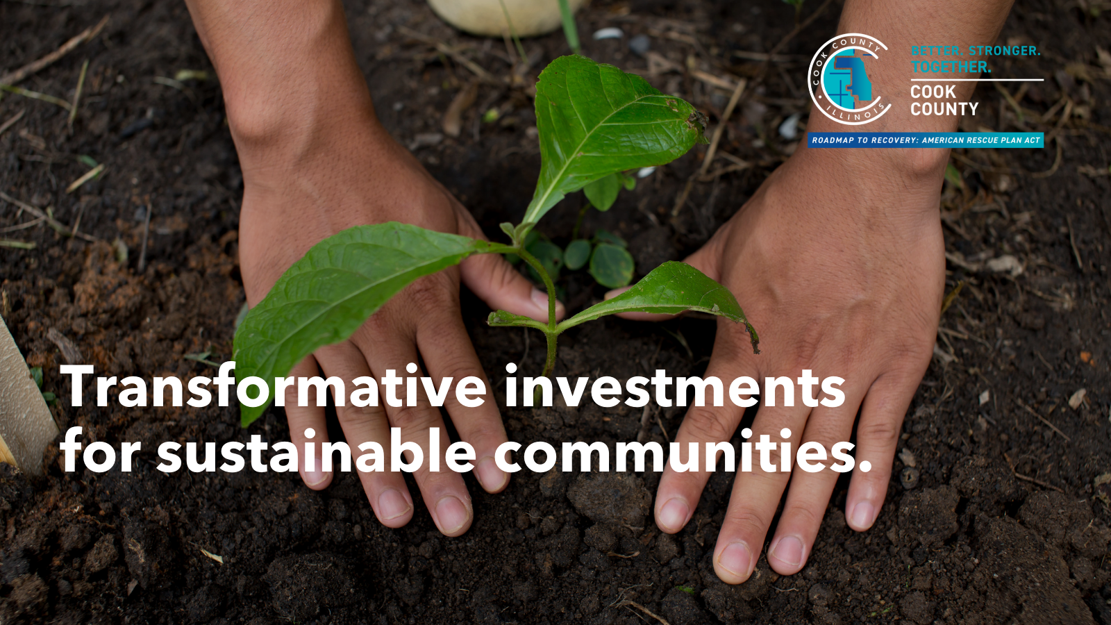 Image of hand holding plant with text that says transformative investments for sustainable communities.