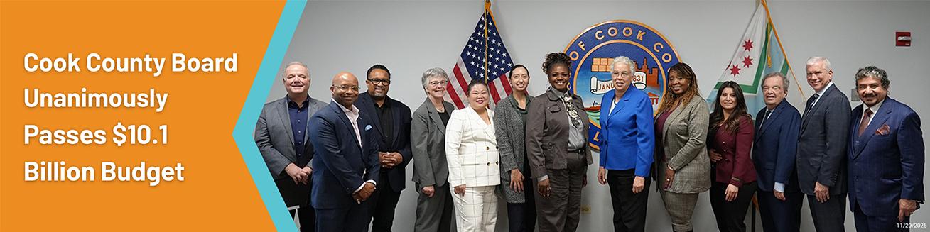President Preckwinkle poses with Cook County Commissioners and stakeholders in celebration of the budget passage.